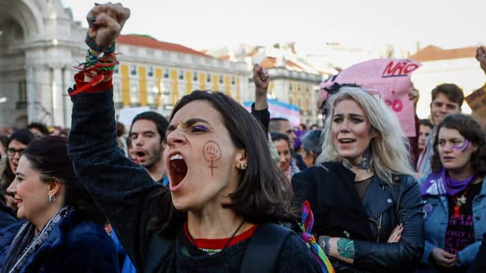 Women attend the International Women's Day march in Lisbon, Portugal, 08 March 2019. International Women's Day is globally observed on 08 March, to highlight the struggles of women around the globe