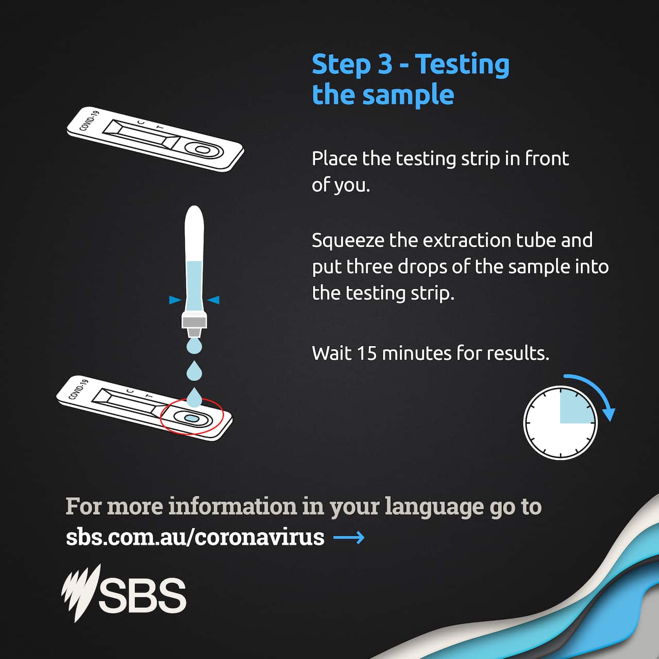 Place the testing strip in front of you. Squeeze the extraction tube and put three drops of the sample into the testing strip. Wait 15 minutes for results.