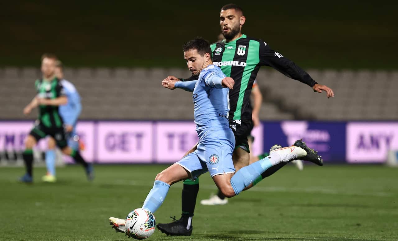 Jamie Maclaren of Melbourne City shoots at goal during the round 27 A-League match between Western United and Melbourne City at Netstrata Jubilee Stadium on August 19, 2020 in Sydney, Australia.
