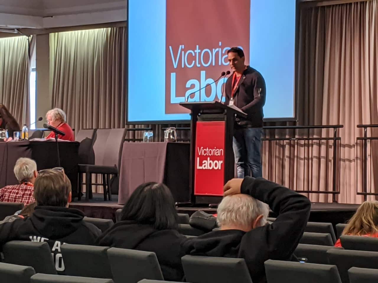Jasvinder Sidhu presenting his motion at a Labor state conference in Victoria