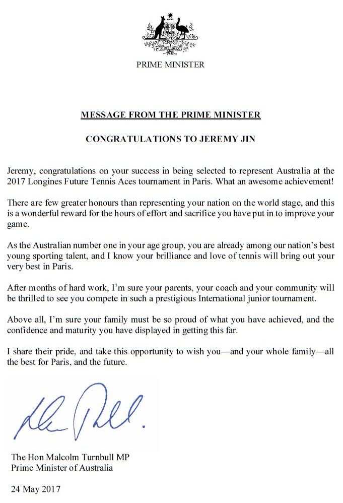 CONGRATULATIONS FROM PM TO JEREMY JIN