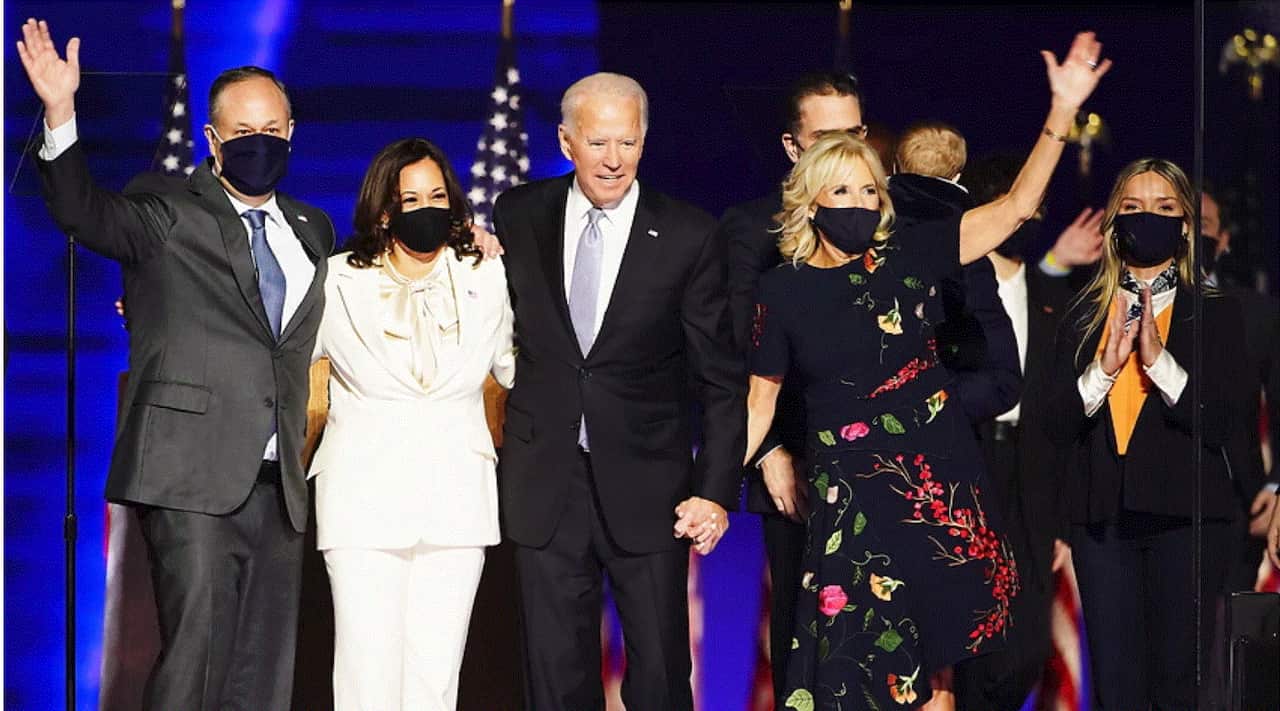 President-elect Joe Biden and his wife, Jill, alongside vice-president elect Kamala Harris and her husband, Doug Emhoff.