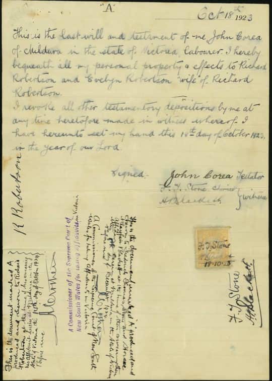 John Corea’s last will