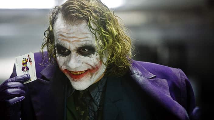 Heath Ledger in his portrayal of the DC Comics character "The Joker" in the 2008 film "The Dark Knight".