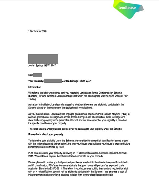 The property developer Lendlease sent this letter to Mr Singh and other residents in this area. 