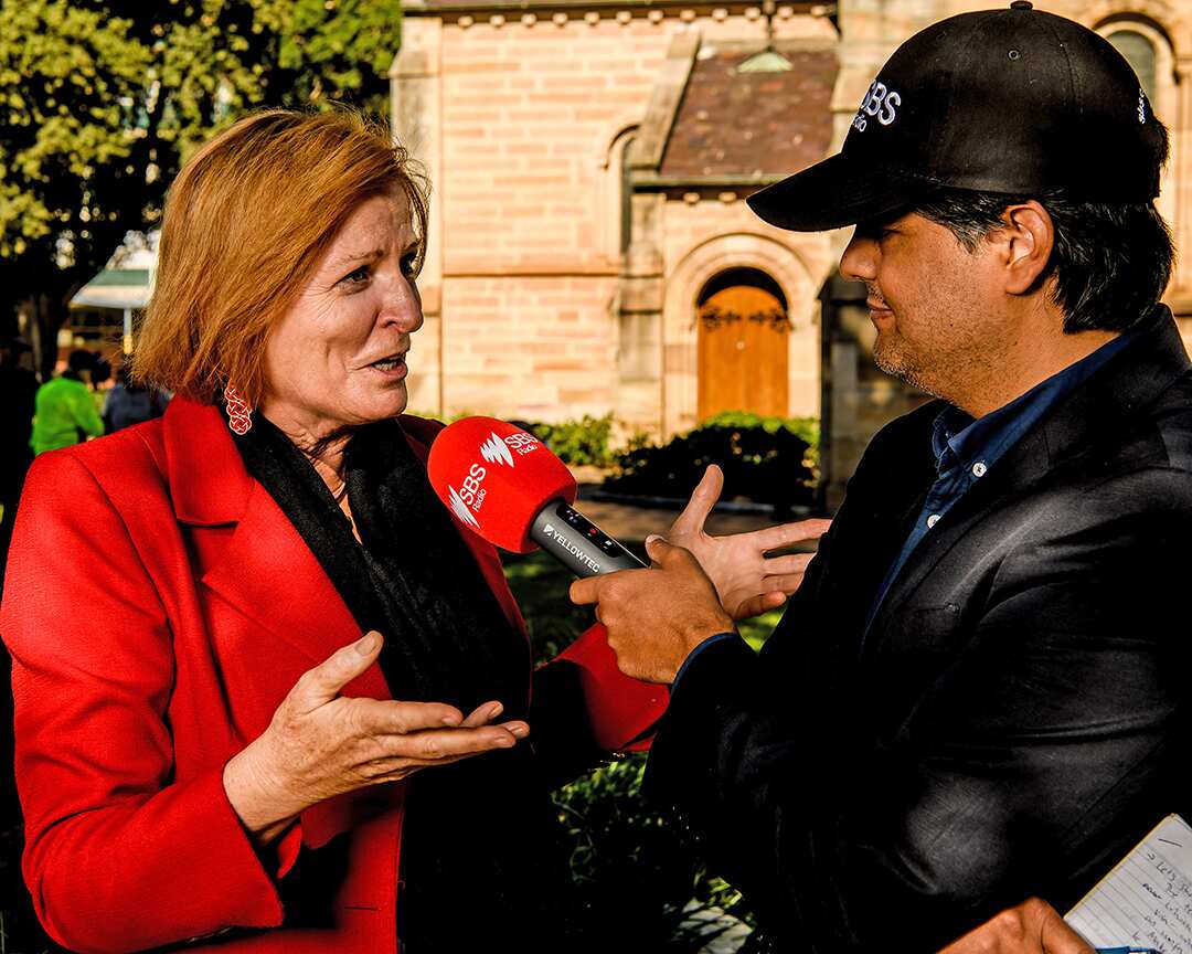 Julie Owens talking to Rajish Aryal of SBS Nepali