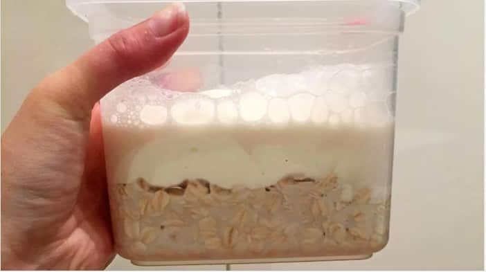 Equal parts rolled oats, milk, and yoghurt.