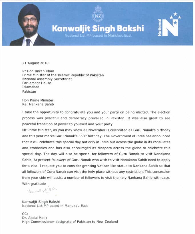 Letter from New Zealand MP Kanwaljit Bakshi to Prime Minister of Pakistan, Imran Khan 