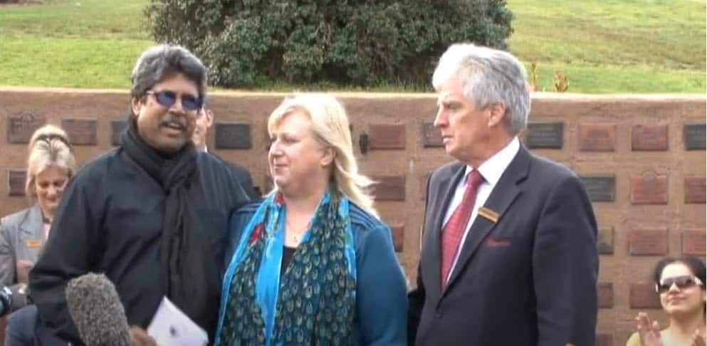 Kapil Dev with the Guyetts (Alice and Bryan) at the ashes handover ceremony in Warrnambool