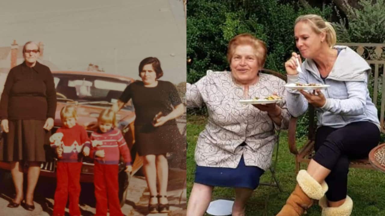Compilation of old family photo and contemporary shot of Ms Karakitsos and Ms Carney