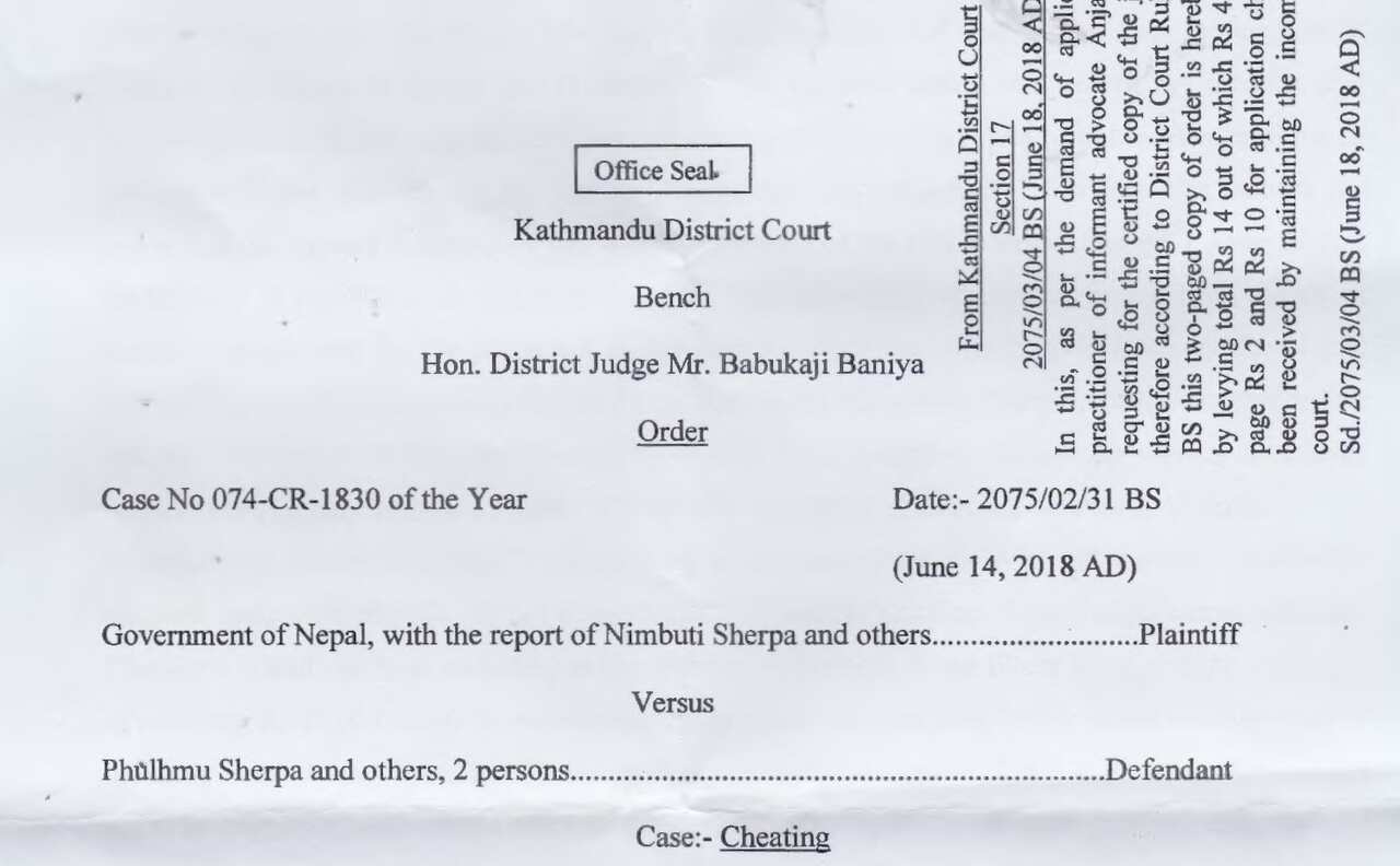 Image of Kathmandu district court order against Mr Wongchhu Sherpa's wife.