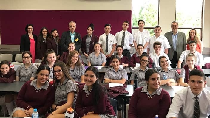 Mr George Stasinakis, President of the International Society of Friends of Nikos Kazantzakis, with Oakleigh Grammar college students.