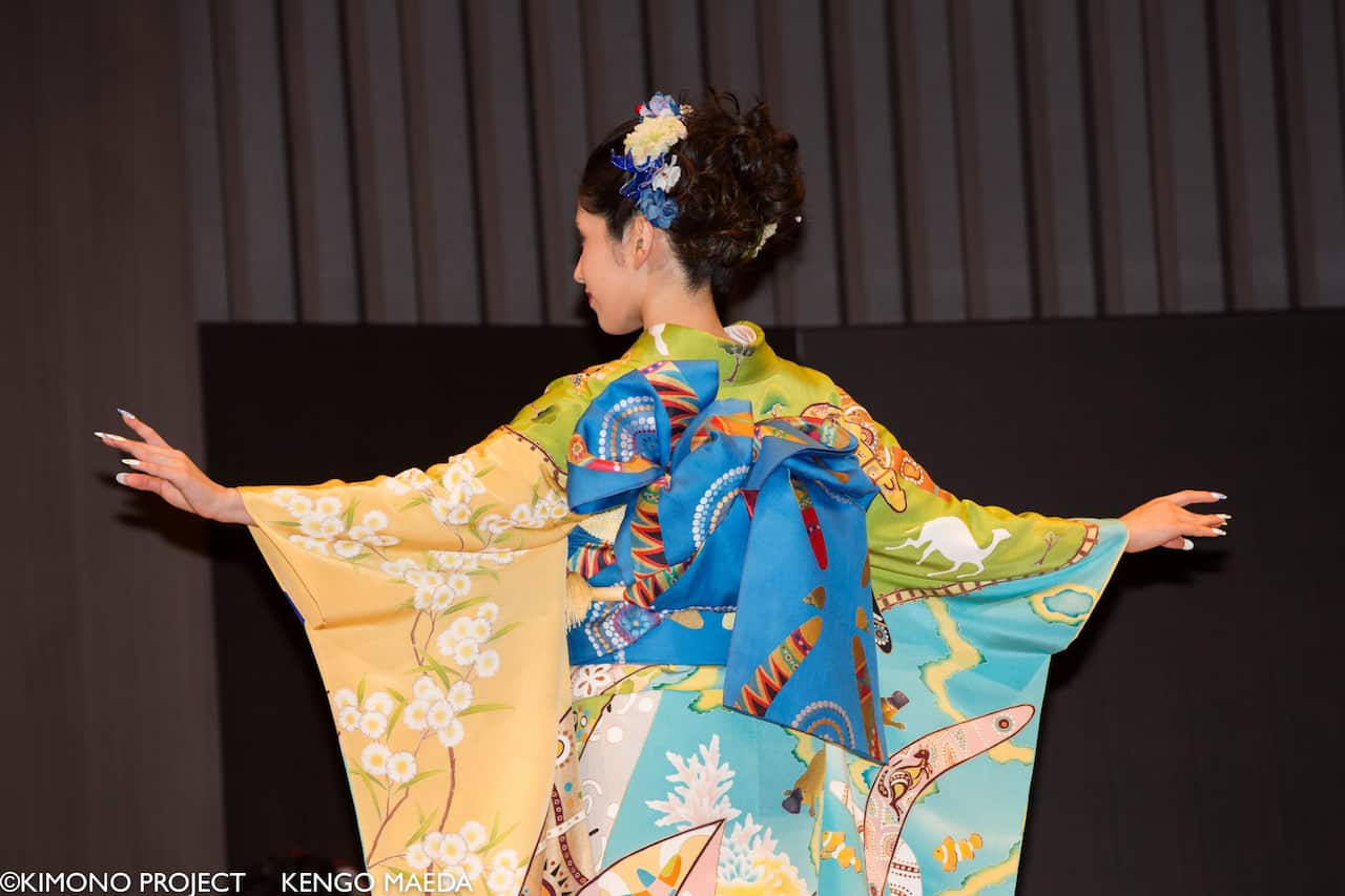 The Japanese kimono and obi (belt) was specially designed and made to represent Australia.