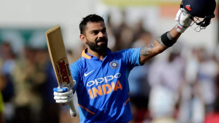 India's Virat Kohli celebrates his hundred during the second one-day international cricket match between India and Australia in Nagpur, India, Tuesday, March 5, 2019. (AP Photo/Rajanish Kakade)