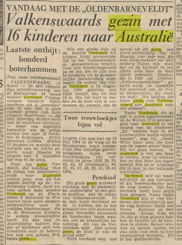 Het originele krantenbericht uit 1955 over de verhuizing van de familie Verdonck.