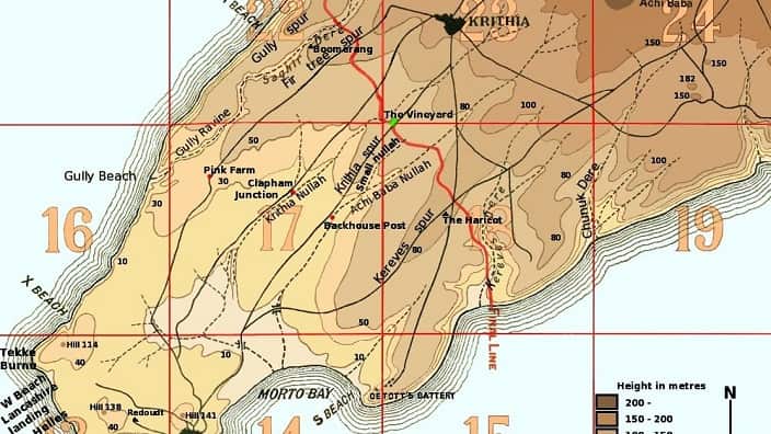 Map of Krithia village, at Gallipoli Peninsula (Helles Cape)