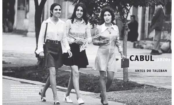 Young women wearing mini-skirts walking down the street in the city of Kabul, 1972.