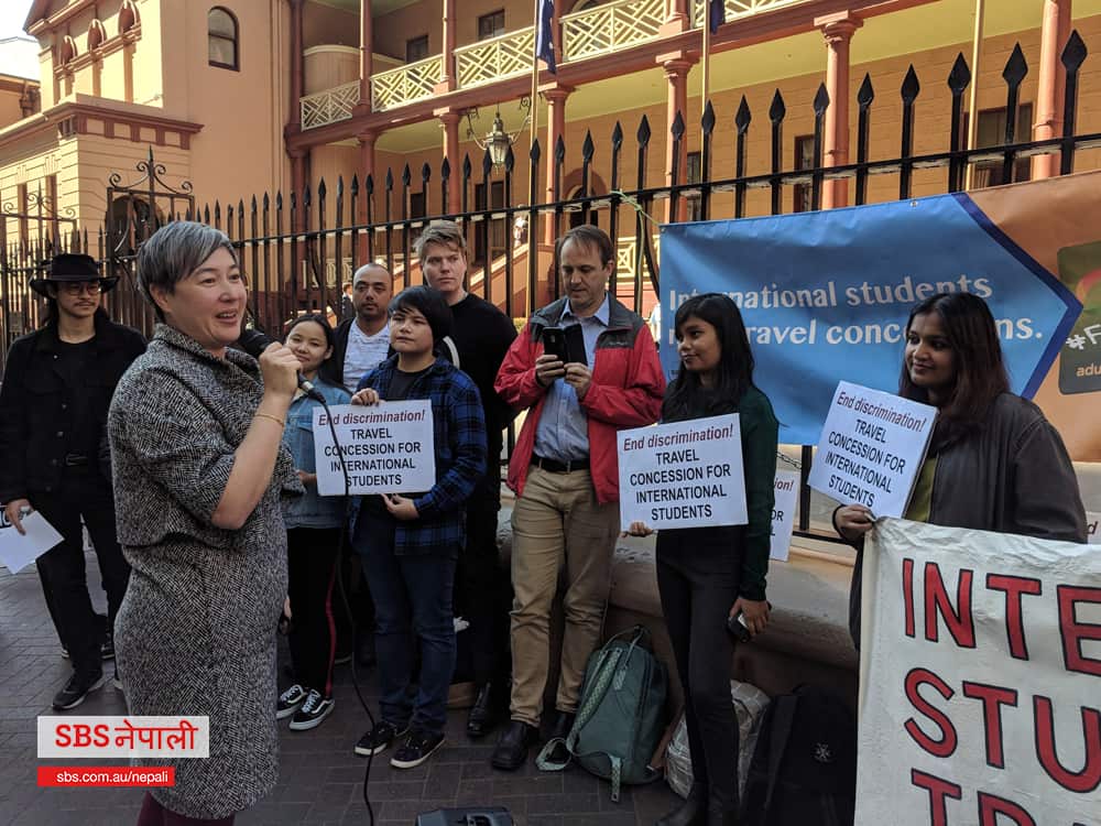 NSW Greens MP Jenny Leong addressing international students in front of NSW Parliament.