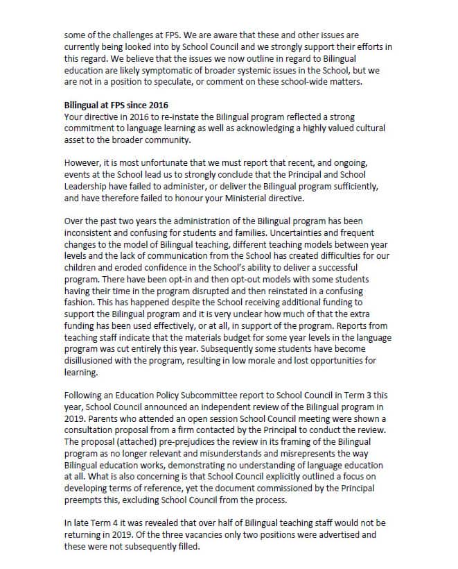 Letter of FPS Parents to Minister of Education James Merlino, page 2