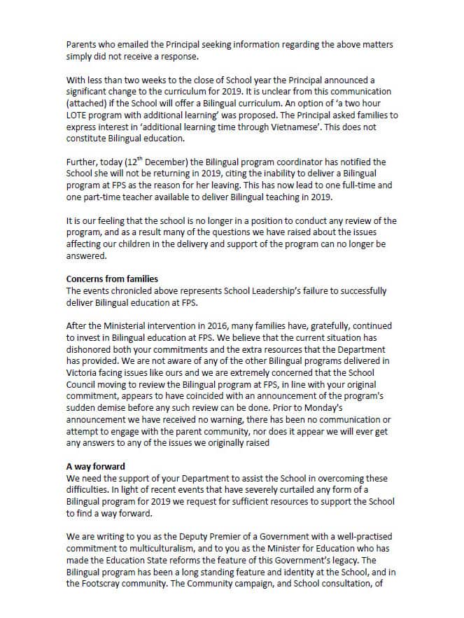 Letter of FPS Parents to Minister of Education James Merlino, page 3