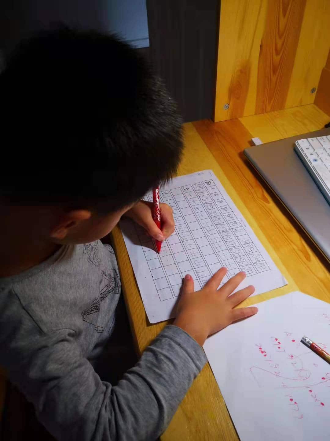 张女士的孩子正在练写中文字。