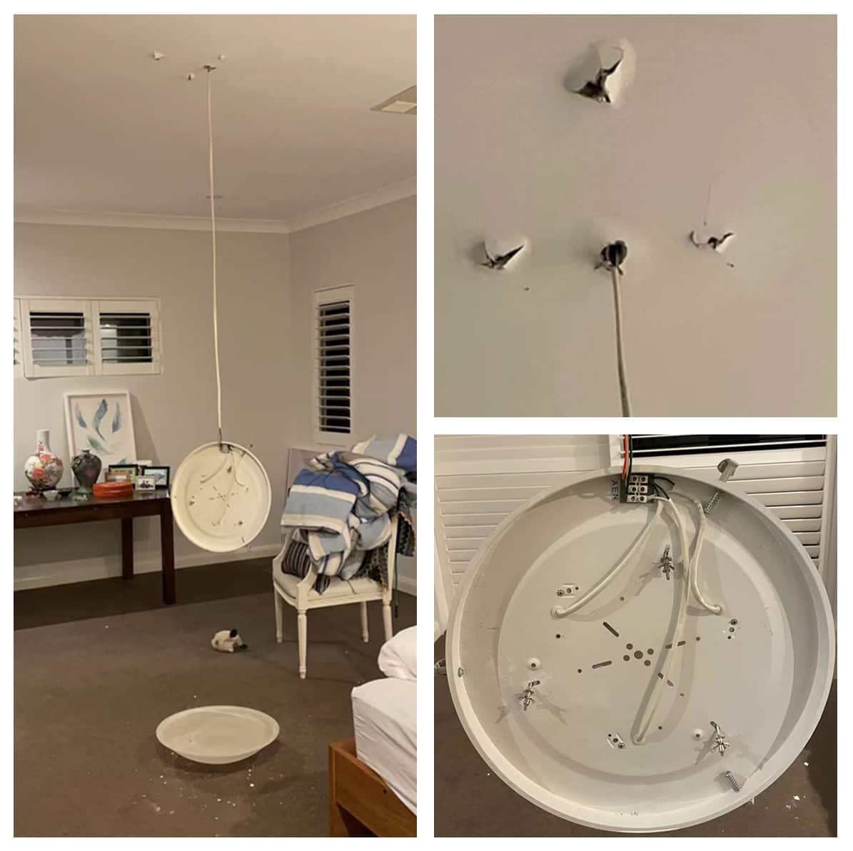 因降雨潮湿，一位悉尼居民家的吸顶灯掉落