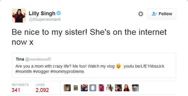 Lily Singh aka Superwoman's tweet in support of her older sister
