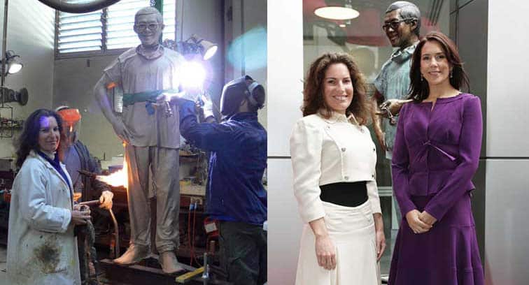 Sculptor Linda Klarfeld pictured with her sculpture of the acclaimed Dr Victor Chang