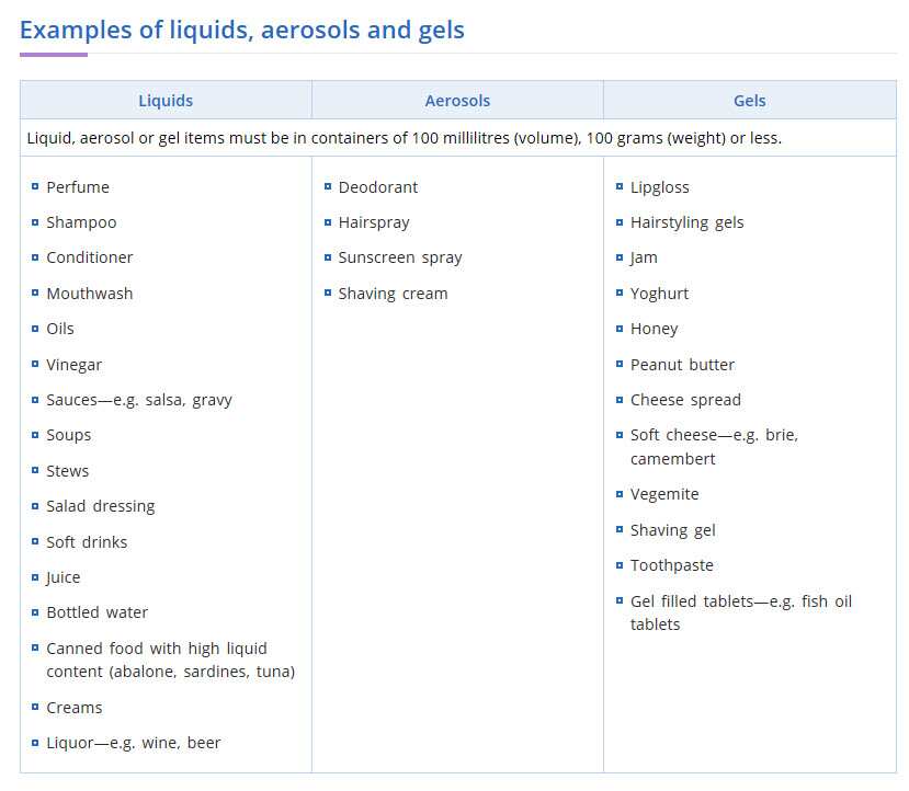 Travelling with powders, liquids, aerosols and gels
