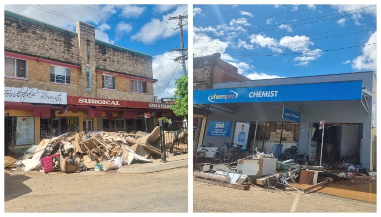 ธุรกิจในบางจุดของเมืองลิสมอร์ที่น้ำเริ่มลดแล้ว จึงมีการทำความสะอาด เก็บของที่ถูกน้ำท่วมทิ้ง