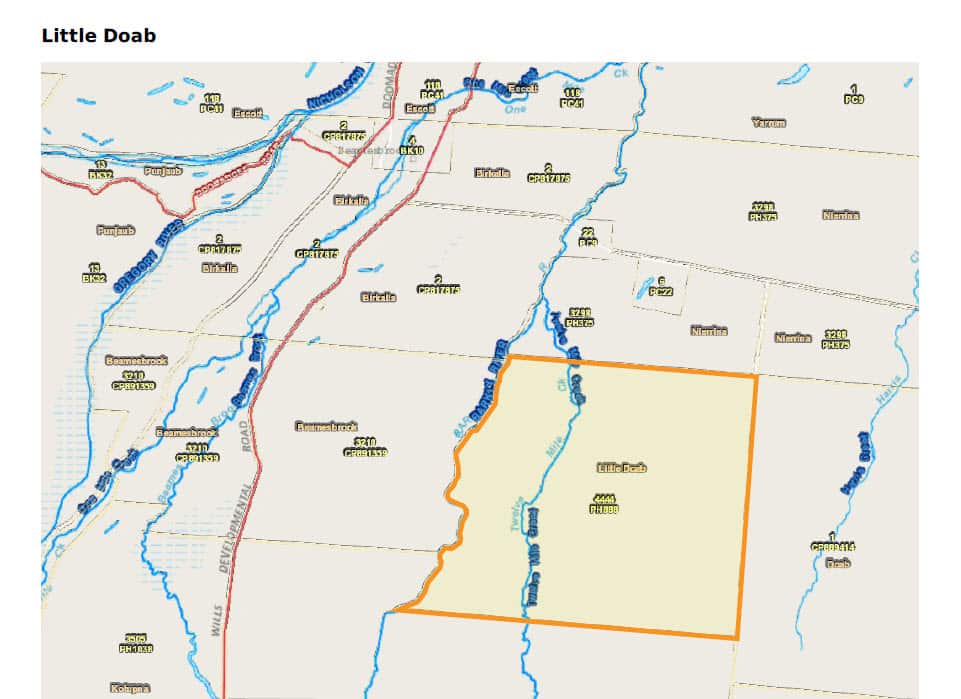 A map of Little Doab in Australia showing two bodies of water flowing through it