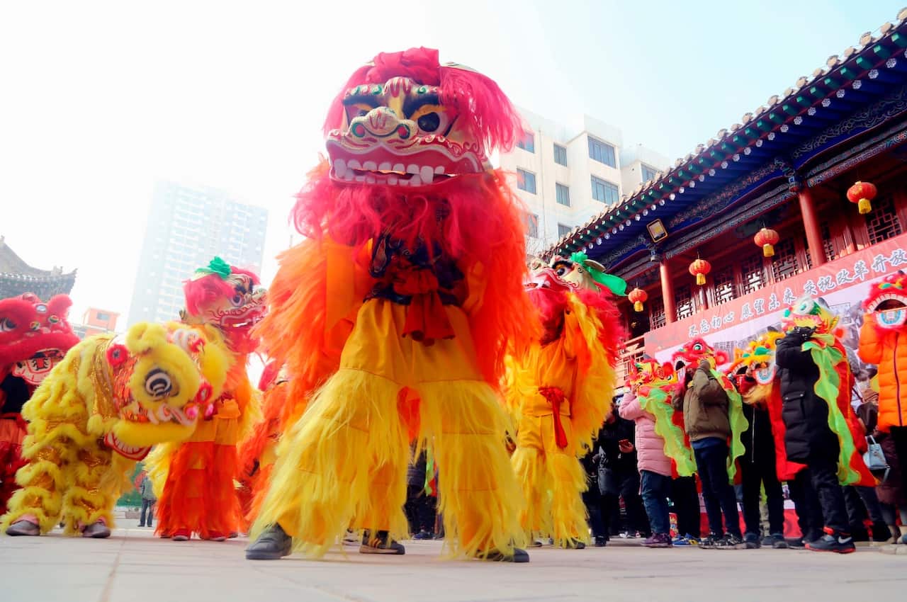 People welcome new year with traditional lion dance in Xining,Qinghai, China on 01 January 2019.