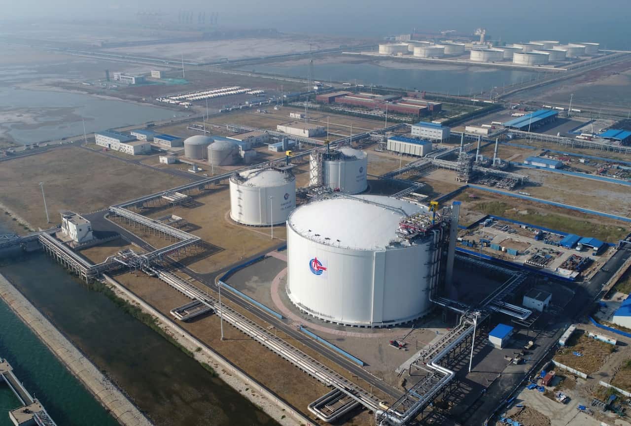 An aerial view of a liquefied natural gas (LNG) storage tank of CNOOC (China National Offshore Oil Corporation) in Tianjin, China