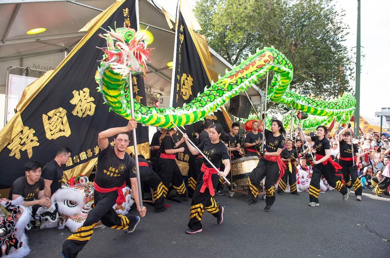 Performers are seen during the Chinese New Year Grand Opening Ceremony in Box Hill, Melbourne, Saturday, February 2, 2019.