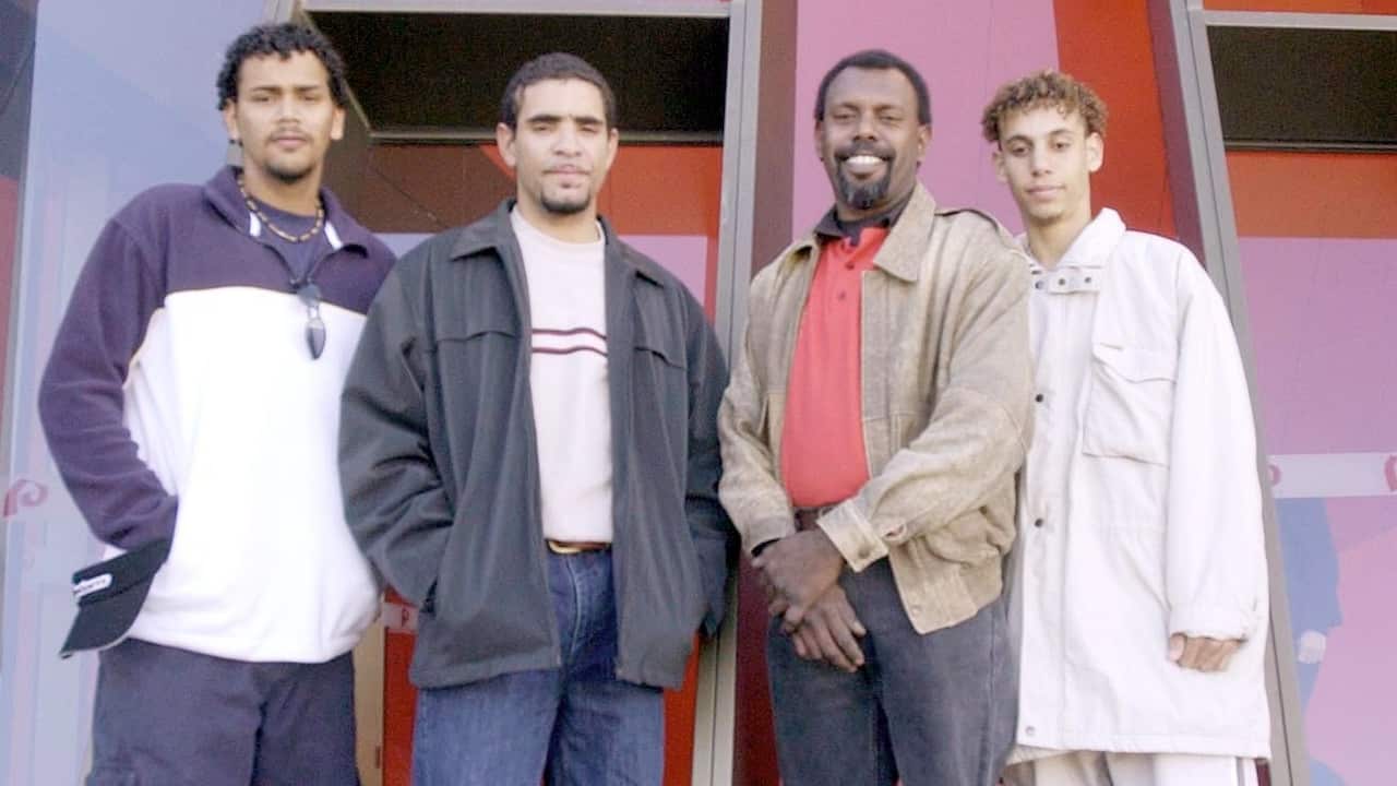 On the 10th anniversary of the Mabo Native Title decision family descendant attend a discussion forum at the National Museum in Canberra. L to R:Wesley, Ezra (grandsons), Malcolm (son) and Tyron Ryan (grandson).