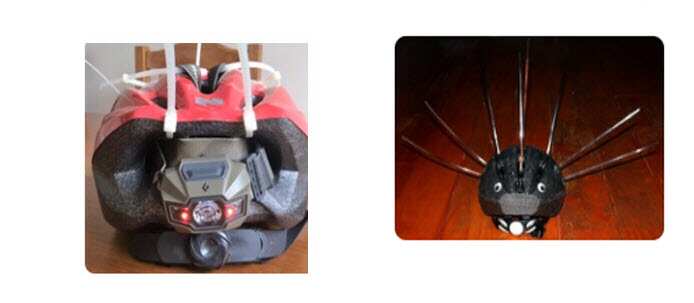 Helmets with cables and iron bars attached to defend Magpie attacks