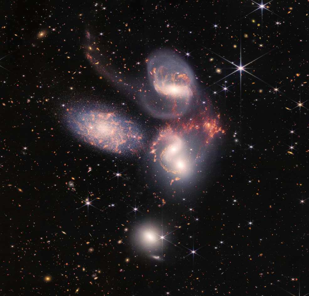 Stephan’s Quintet is a visual grouping of five galaxies.