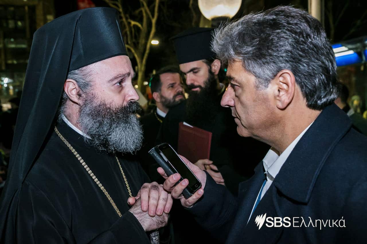 Archbishop Makarios talking to Themi Kallos
