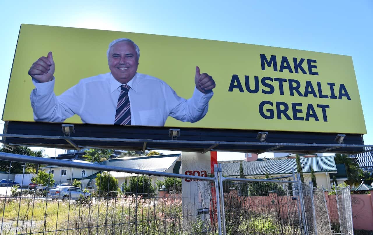 A billboard featuring Australian businessman and former politician, Clive Palmer is seen on Vulture Street in Brisbane