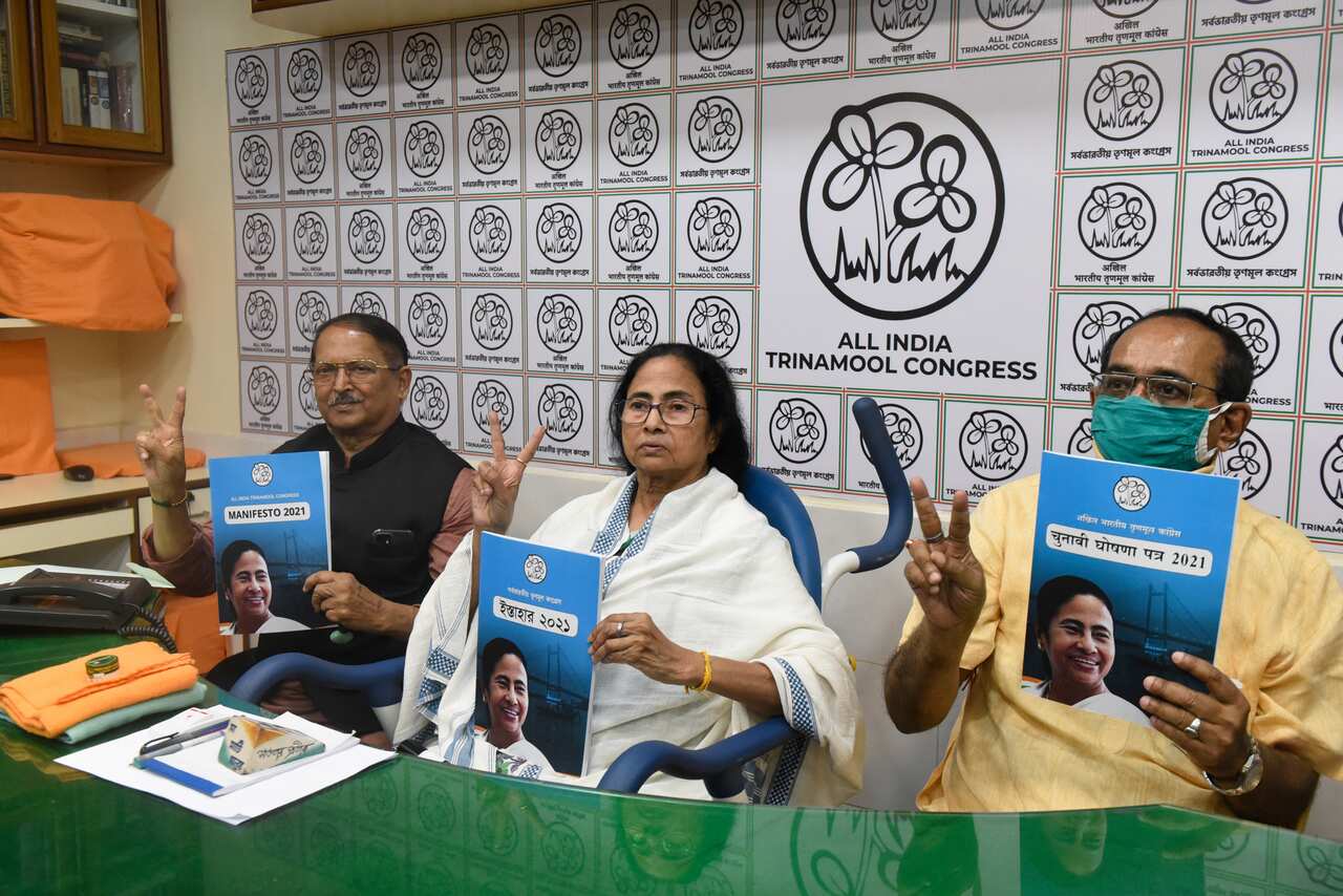 West Bengal Chief minister and Trinamool Congress chief Mamata Banerjee during the release of the party's election manifesto for the upcoming assembly election.