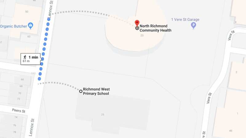 Walk distance from Richmond West Primary School to Medically Supervised Injecting Room inside North Richmond Community Health