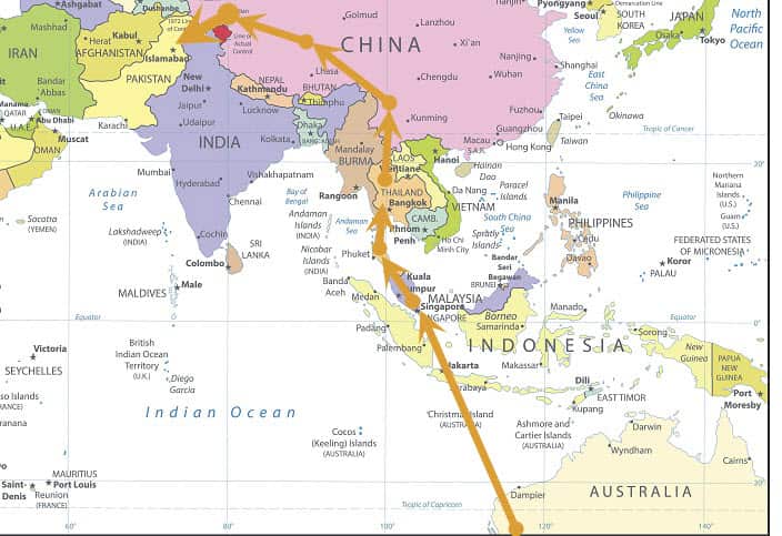 Talha and Asif plan to travel across seven countries; map of possible trip.