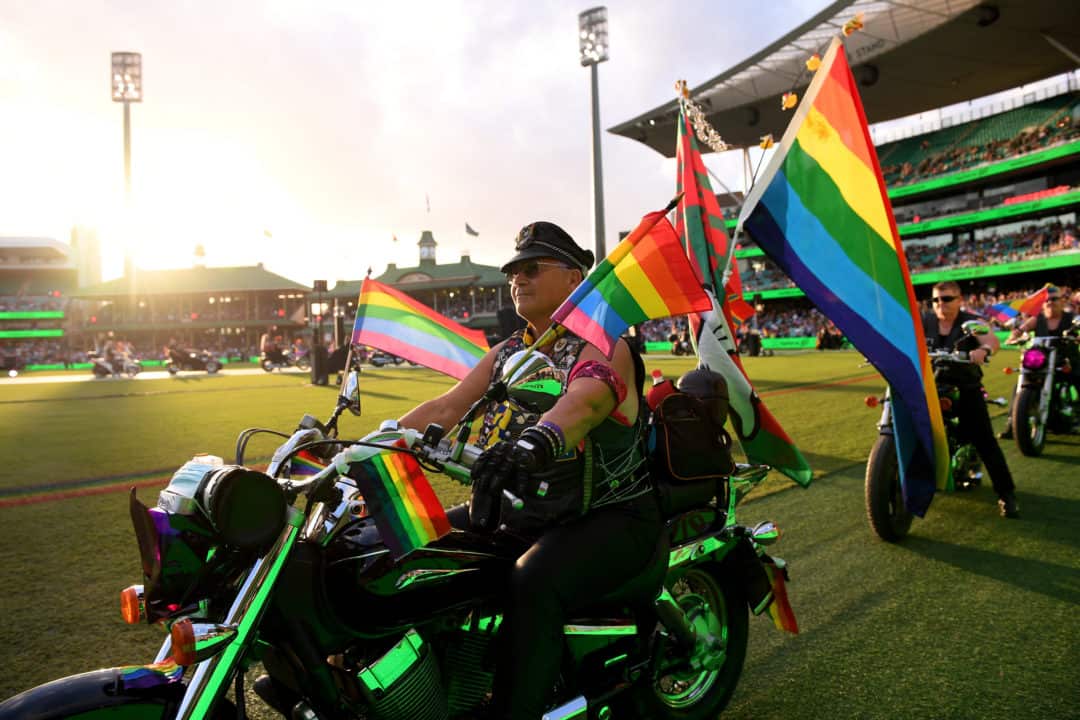 Participants take part in the 43rd annual Gay and Lesbian Mardi Gras parade at the SCG in Sydney, Sat, March 6, 2021. 