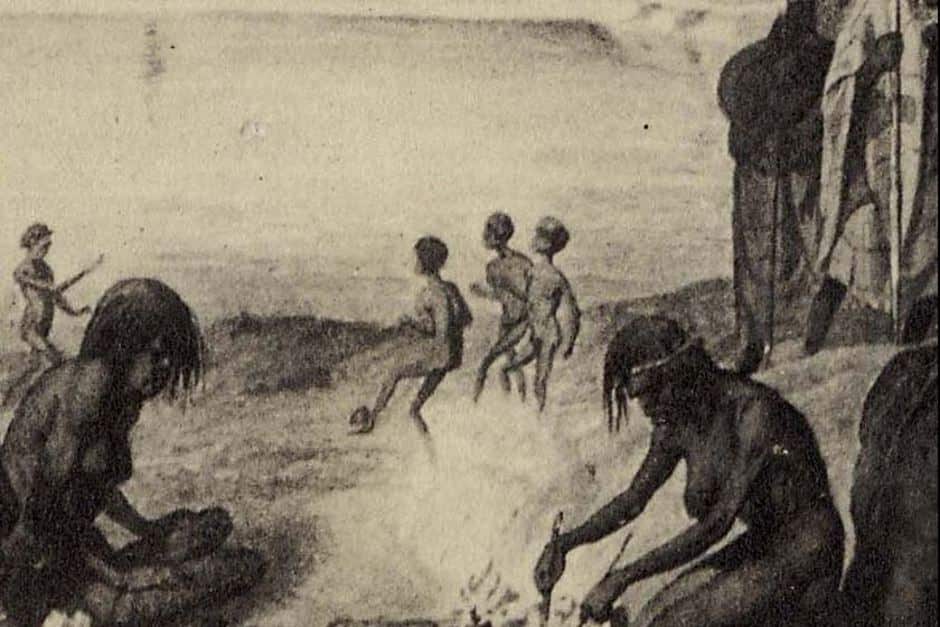 Aboriginal domestic scene. The etching was executed by German artist Gustav Mützel, who worked from the sketches of German explorer Johan Wilhelm Theodor Ludwig von Blandowski (see Marn Grook: name of the early australian football game).