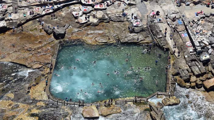 An aerial view of  Mahon Rock Pool near Maroubra in Sydney, Wednesday, December 26, 2018. (AAP Image/Mick Tsikas) NO ARCHIVING