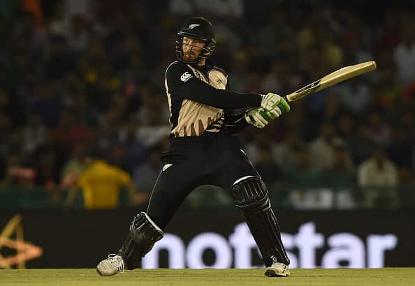 New Zealand's Martin Guptill plays a shot during the World T20 cricket match between New Zealand and Pakistan at the Punjab Cricket Stadium Association Stadium in Mohali 