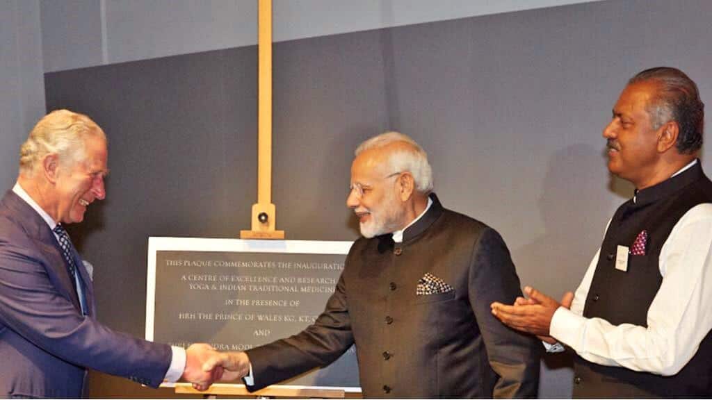 HRH Prince Charles, Indian Prime Minister Narendra Modi and Dr Issac Mathai at he opening of the AYUSH centre at a major hospital in London