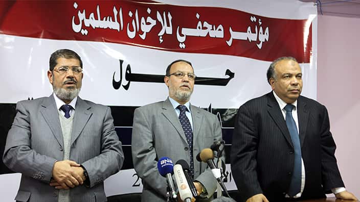 (L-R): Egypt's Muslim Brotherhood representatives: Ex-president Mohammed Mursi, Essam el-Arian, and Saad al-Katatni 