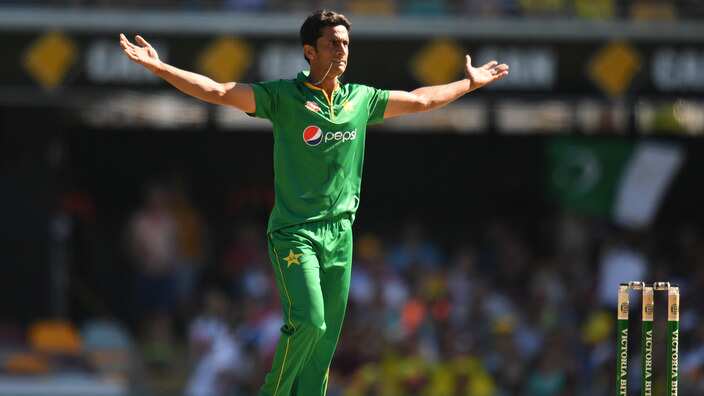 Pakistan bowler Hassan Ali reacts after dismissing Australian batsman Glenn Maxwell during the ODI against Australia at the Gabba in Brisbane