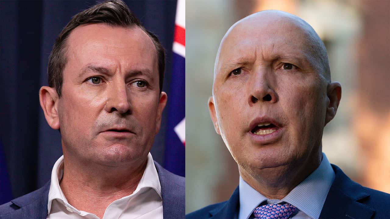 Australian Defence Minister Peter Dutton addresses media in front of the Subiaco War Memorial in Perth, Monday, April 19, 2021.